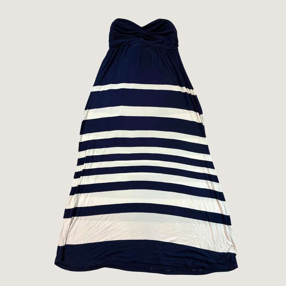 Soma Women Strapless Maxi Dress XL Navy Blue White Striped Padded Sweetheart D2
